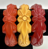 BB196 chunky flower and leaf carved bakelite bangles in jello red, corn and dark coral